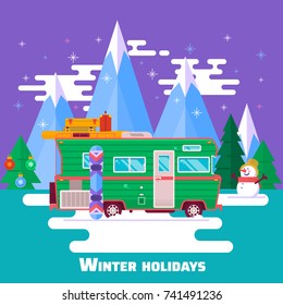 Winter holidays. Winter holidays in the mountains. Trip on a winter vacation in the mountains. Tourism and vacation theme. Flat design vector illustration.