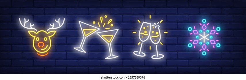 Winter holidays neon sign collection. Deer, snowflake, glasses with champagne. Night bright advertisement. Vector illustration in neon style for banner, billboard
