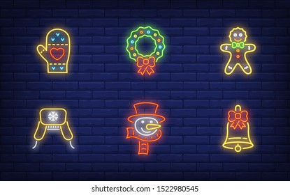 Winter holidays in neon style set. Glowing neon wreath, snowman. Holiday, celebration, present. Vector illustration in neon style for greeting card, invitation, announcement