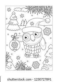 Winter Holidays, New Year Or Christmas Joy Themed Coloring Page With Owl Wearing Santa Cap And Holding Beautiful Ornament