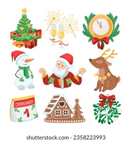 Winter holidays or New Year elements vector illustrations set. Cartoon drawings of Santa Claus, comic reindeer and snowman, clock, Christmas tree, calendar. New Year, winter, celebration concept