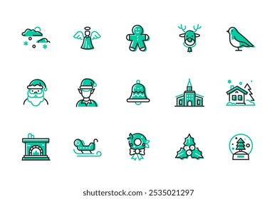 Winter holidays and New Year - set of line design style icons isolated on white background. High quality images of Santa and his elf helper, sleigh, reindeer, Christmas wreath and gingerbread man