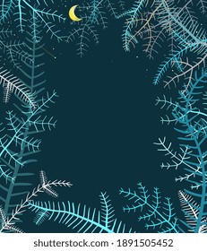 Winter holidays ornate frame design with pine branches. Hand drawn cartoon background for Christmas cartoon invitation or New Year banner or decoration design. Vector graphic.