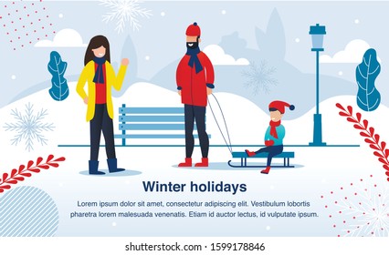 Winter Holidays Outdoor Activity and Leisure Trendy Flat Vector Banner, Poster Template. Happy Family, Parents with Child Walking in Park, Riding Sleds, Resting and Spending Time Together Illustration