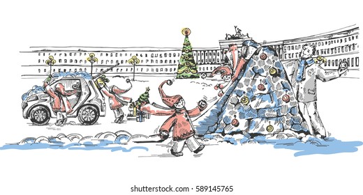 Winter holidays at the Palace Square, St. Petersburg. Child plays with his father in snowball fight. Child slides down the snow hill. Child loads gifts and new years tree in the car. Winter dwarfs