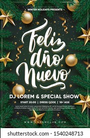 WInter holidays party flyer Feliz ano nuevo hand-drawn lettering. Eps10 vector.