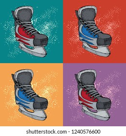 Winter holidays pattern with ice skates cartoon sketch. Red and blue Ice hockey skates. Vector illustration with sports equipment on colorful background