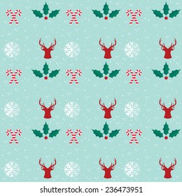 Winter holidays pattern with illustrations in icon style. Background made in minimal style. Holly, snowflake, candy cane and deer interpretation icons.