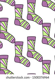winter holidays pattern with socks. bright colorful gift paper, background. New year, christmas