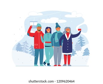 Winter Holidays People on Ski Resort. Happy Characters Taking Selfie with Smartphone. Cartoon Man and Woman on Snowy Landscape. Vector illustration