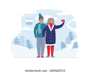 Winter Holidays People on Ski Resort. Happy Couple Characters Taking Selfie with Smartphone. Cartoon Man and Woman on Snowy Landscape. Vector illustration