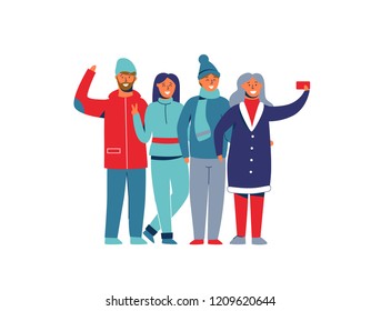 Winter Holidays People Taking a Photo. Happy Characters Taking Selfie with Smartphone. Cartoon Man and Woman Making Christmas Picture Together. Vector illustration