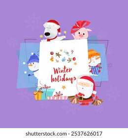 Winter Holidays postcard design. Inscription with Santa Claus, piglet, snowman, polar bear and gifts on background with snowflakes. Can be used for postcards, greeting cards, leaflets