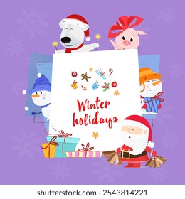 Winter Holidays postcard design. Inscription with Santa Claus, piglet, snowman, polar bear and gifts on blue background with snowflakes. Can be used for postcards, greeting cards, leaflets