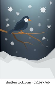 Winter holidays postcard, greeting card, vector background. A little bird sitting on a bare brunch, snowfall, night sky.
