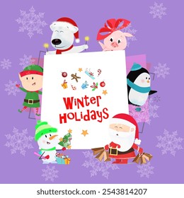 Winter Holidays postcard. Inscription with elf, Santa Claus, snowman, piglet, penguin and polar bear on abstract background with snowflakes. Can be used for postcards, greeting cards, leaflets