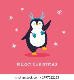 Winter holidays postcard, penguin cartoon greeting Merry Christmas. Funny happy New year animal winter character. Cute card flat hand drawn penguin banner. Isolated vector illustration