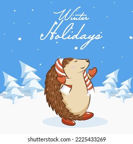 Winter Holidays Poster Design With Cartoon Hedgehog Wearing Woolen Scarf, Origami Paper Xmas Tree On White And Blue Snow Falling Background.