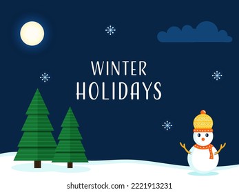 Winter Holidays Poster Design With Cute Snowman, Paper Xmas Tree, Snowflakes On Full Moon Blue And White Background.