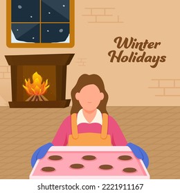 Diseño De Afiches De Invierno Con Baker Femenino Sin Cara Presentando Bandeja De Cocina Y Arco De Chimenea En Fondo.