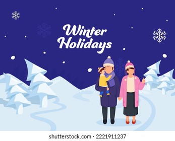 Winter Holidays Poster Design, Faceless Young Couple With Baby Boy In Woolen Clothes And Origami Paper Xmas Tree Against Blue Snow Background.