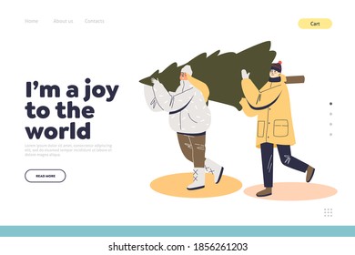 Winter holidays preparation concept of landing page with couple carry fir tree for Christmas eve from pine market. Cartoon man and woman buy xmas tree for holiday. Flat vector illustration