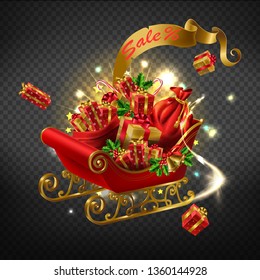 Winter holidays purchases, Christmas sale, New year gifts shopping promotion campaign 3d realistic vector concept with Santa sleigh loaded sacks with gift boxes illustration on transparent background