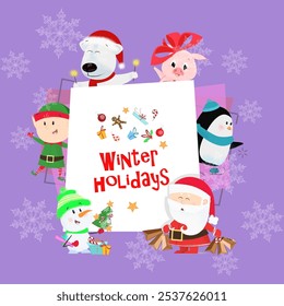 Winter Holidays purple postcard. Inscription with elf, Santa Claus, snowman, piglet, penguin and polar bear on background with snowflakes. Can be used for postcards, greeting cards, leaflets