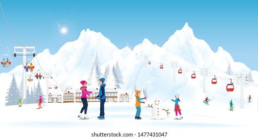 Winter Holidays Recreation Sport Activity. Ski Resort Landscape with cable cars or aerial lift and ski-lift on winter landscape with mountains and house and Characters Skiing and Snowboarding. Vector 