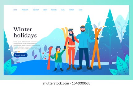 Winter holidays and recreation in wintertime vector. Father and mother with kid wearing special costume for skiers. Skiing activity of family in forest. Website or webpage template, landing page