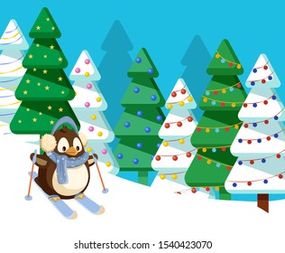 Winter holidays and rest in cold season. Penguin wearing warm clothes scarf and earmuffs. Skiing birdie in forest with pine trees and garlands. Christmas celebration and active lifestyle vector