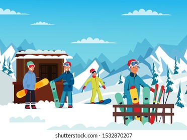 Winter holidays rest flat vector illustration. Young tourists in warm clothes cartoon characters. Ski resort, extreme recreation, seasonal vacation. Happy skiers, snowboarders and funicular railway