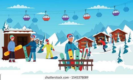 Winter holidays rest flat vector illustration. Young tourists in warm clothes cartoon characters. Ski resort, extreme recreation, seasonal vacation. Happy skiers, snowboarders and funicular railway