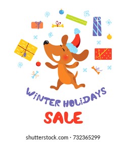 Winter holidays sale banner with dog in Santa hat and gift boxes, Vector illustration of happy pet with lots of Christmas presents