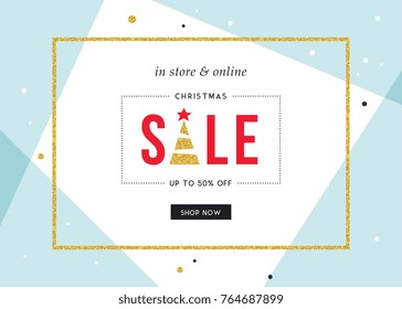 Winter Holidays Sale banner. Horizontal template. Contemporary geometric background with bold typographic design, golden glitter frame and Christmas Tree. Vector illustration.