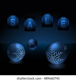 Winter holidays sale sticker. Blue shiny baubles decorated with snowflakes and sale letter tags on deep background. Vector illustration