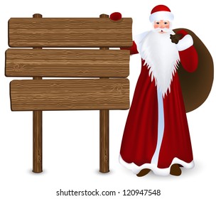 Winter holidays. Santa Claus with wooden sign. Vector Illustration.