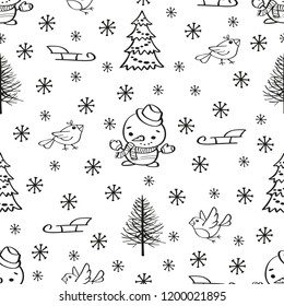 Winter holidays seamless background with Christmas tree and snowman. Can be used for wrapping paper, web background, wallpaper. Vector illustration