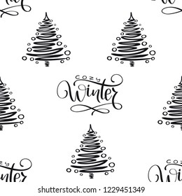 Winter holidays seamless background with Christmas tree and handwritten phrase Cozy Winter. Can be used for wrapping paper, web background, wallpaper