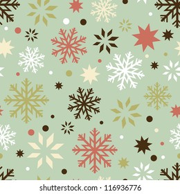 Winter holidays seamless pattern with cartoon snowflakes. Made in retro style