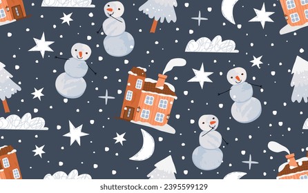 Winter holidays seamless pattern with cartoon snowman and snowy house.Funny colorful background with cute characters,stars,moon,trees,clouds and snowfall.Vector hand drawn seasonal illustration.