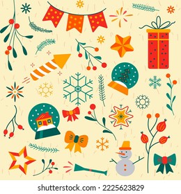 Winter holidays seamless pattern. Christmas vector icons set. Winter elements illustration