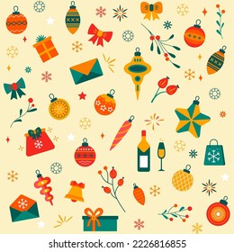 Winter holidays seamless pattern. Christmas vector icons set. Winter elements illustration