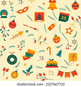 Winter holidays seamless pattern. Christmas vector icons set. Winter elements illustration