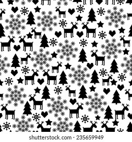 Winter Holidays Seamless Pattern with Christmas decorations. Cute black and white  background for merry xmas and happy new year.