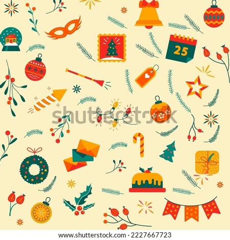 Winter holidays seamless pattern. Christmas vector icons set. Winter elements illustration