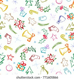 Winter holidays seamless pattern. Colorful repeatable background. Hand drawn marker scribble elements. Traditional Christmas and New Year celebration attributes. Vector illustration.