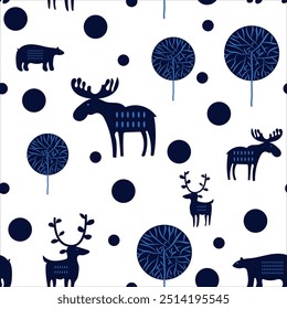 férias de inverno padrão sem emenda com veados alce urso e árvores na cor azul no fundo branco para tecido plano de fundo vetor de embalagem de design de superfície