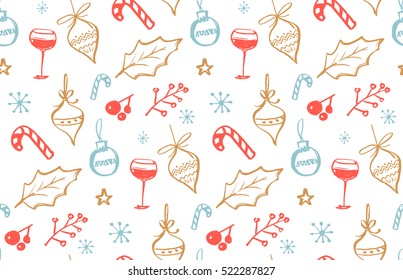 Winter holidays seamless pattern with doodle illustrations of wine glass, Christmas decorations, holly leave and candy canes. Vector hand drawn background.