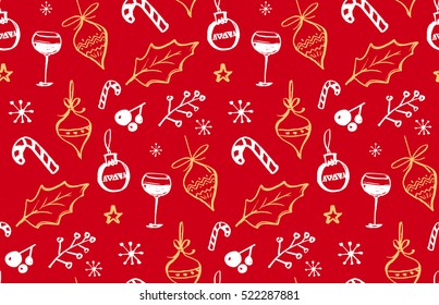 Winter holidays seamless pattern with doodle illustrations of wine glass, Christmas decorations, holly leave and candy canes. Vector hand drawn red background.